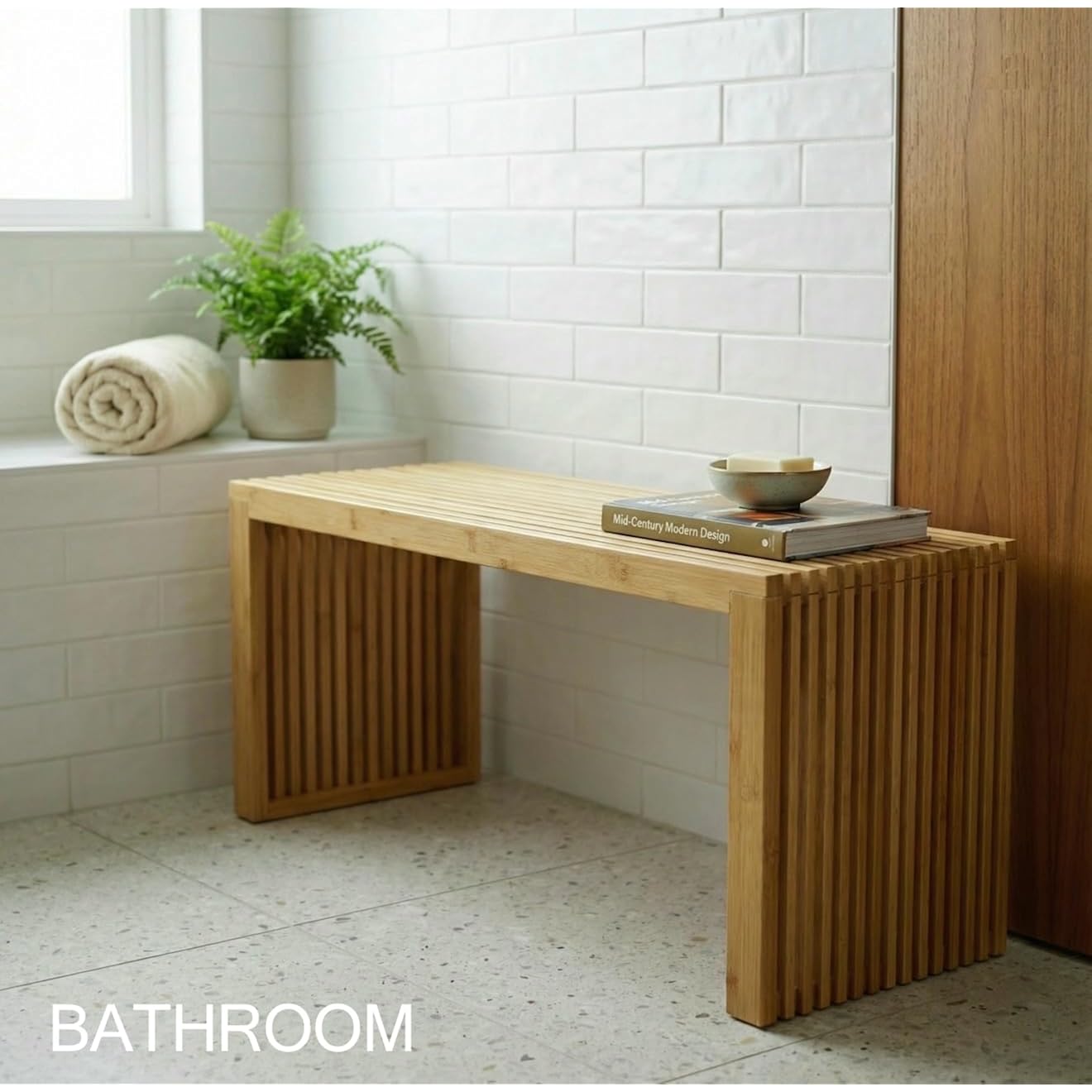 Bamboo Natural 36 Inch Wooden Bench, Small Wood Benches For Entryway, Living & Dining Room, Kitchen, Bedroom, Bathroom, Hallway, Front Door, For Indoor & Outdoor Patio Use, Mid Century Modern Decor