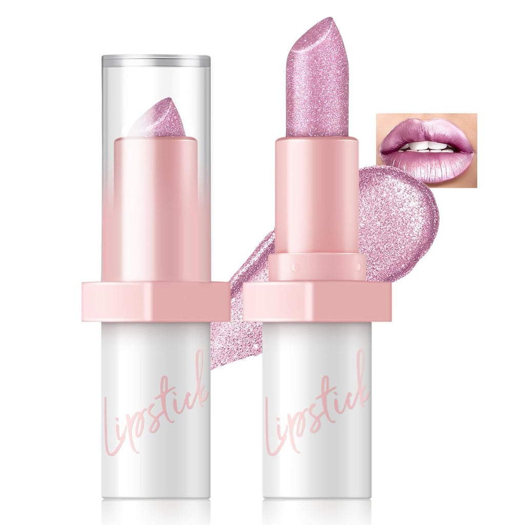 Hosaily Metallic Pink Frost Glitter Lipstick For Women, Long Lasting High Shine Diamond Creamy Nude Light Pink Lipstick Transfer Proof,Shimmer High Impact Full Coverage Non Stick Cup Lip Makeup#1