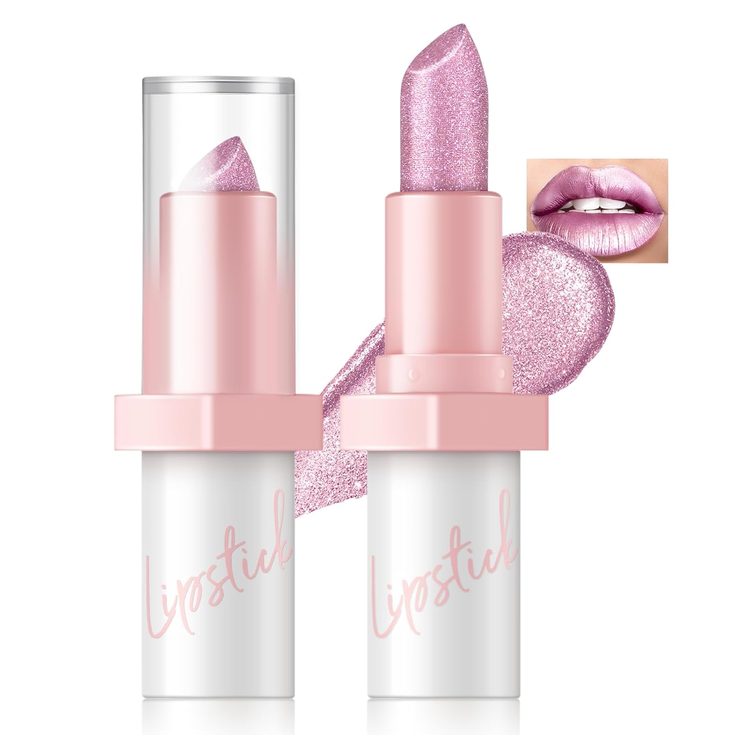 Hosaily Metallic Pink Frost Glitter Lipstick For Women, Long Lasting High Shine Diamond Creamy Nude Light Pink Lipstick Transfer Proof,Shimmer High Impact Full Coverage Non Stick Cup Lip Makeup#1