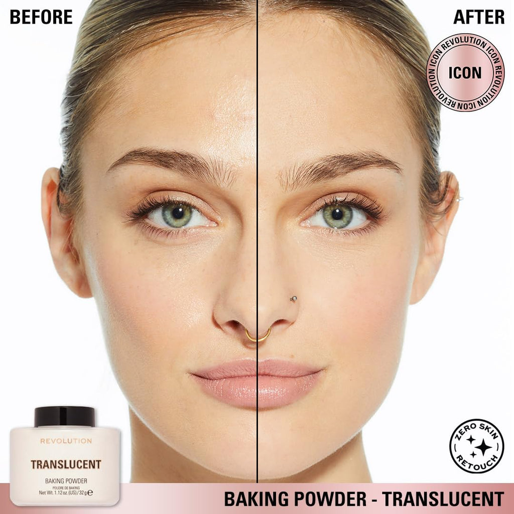 Revolution, Loose Baking Powder, Makeup Setting Powder, Long-Lasting Coverage, Mattifies & Reduces Shine, Translucent, 1.12 oz