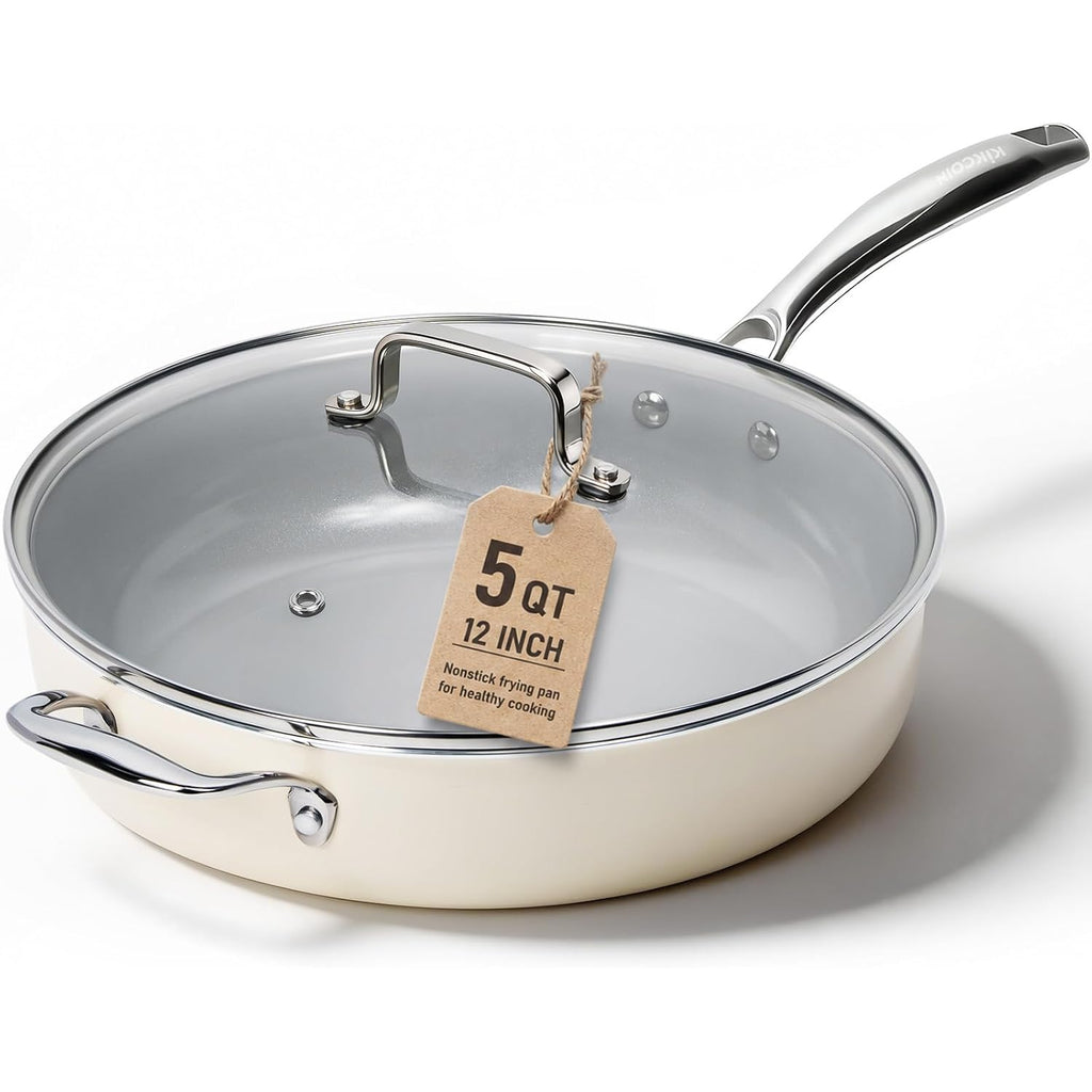 Kikcoin 12 Inch Ceramic Nonstick Frying Pan With Lid, 5 Qt Deep Saute Pan For Cooking, Induction Ready Skillet With Stay Cool Handle, Pfas/Ptfe/Pfoa Free, Oven & Dishwasher Safe