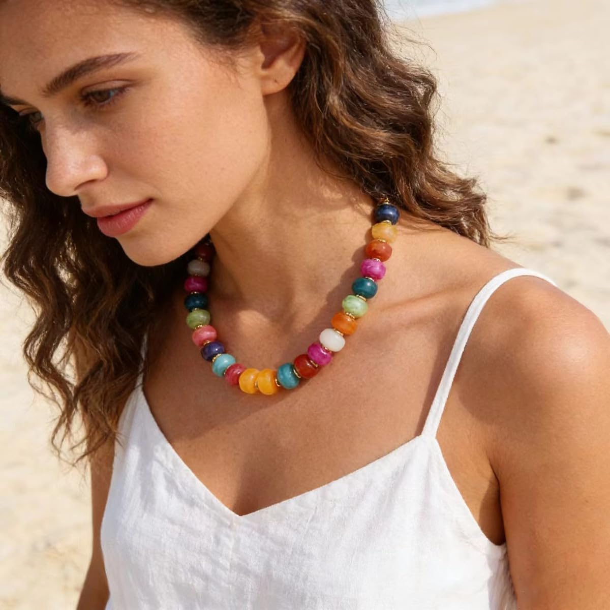 Chunky Beaded Statement Necklace for Women Trendy Colorful Boho Resin Bead Choker Necklaces Summer Handmade Jewelry Gifts Accessories