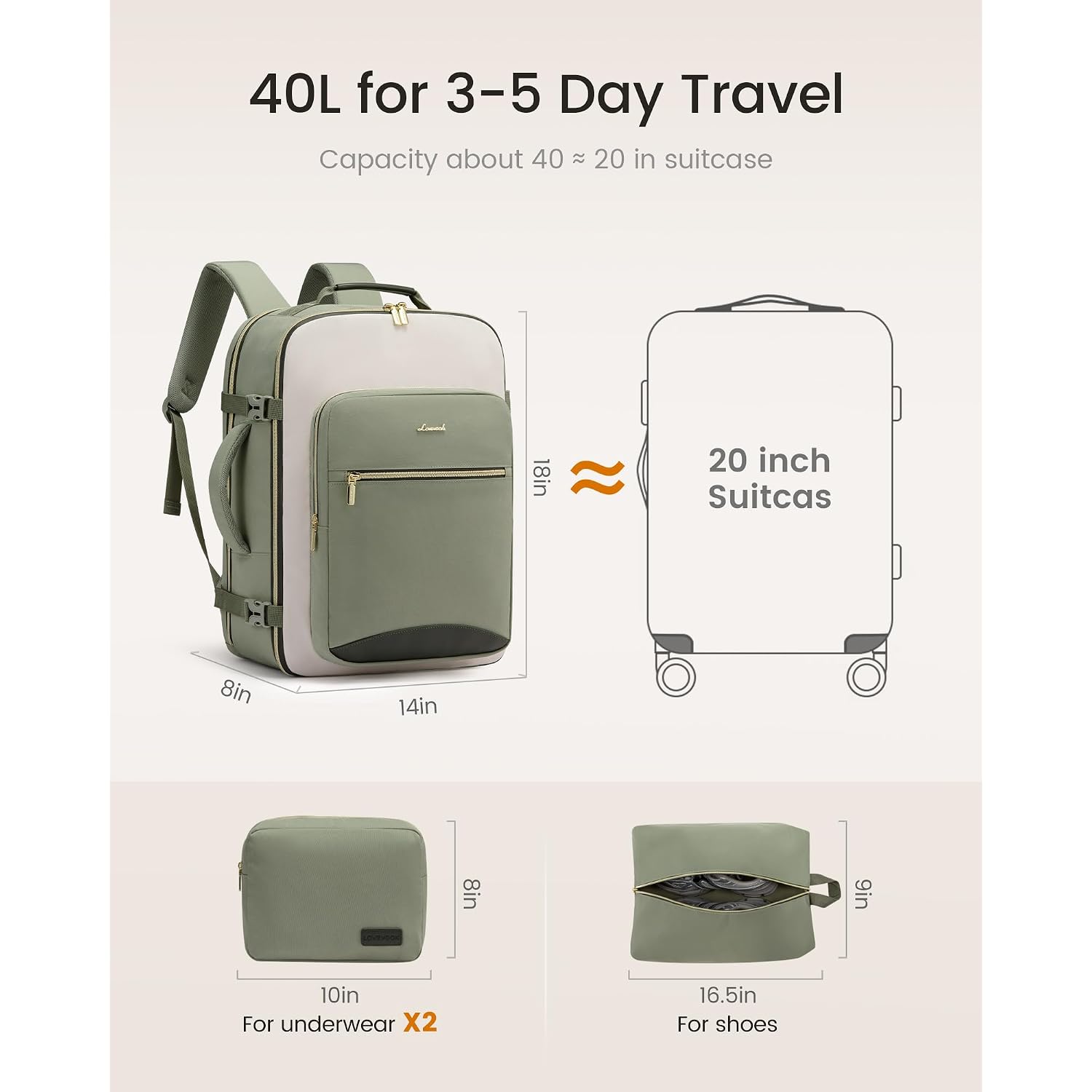 Lovevook 40L Travel Backpack For Women & Men, Airline Approved Carry On Luggage With 3 Packing Cubes, Tsa Overnight Bags, Waterproof Personal Item Bag, Weekender Essentials Backpacks Fits 17" Laptop