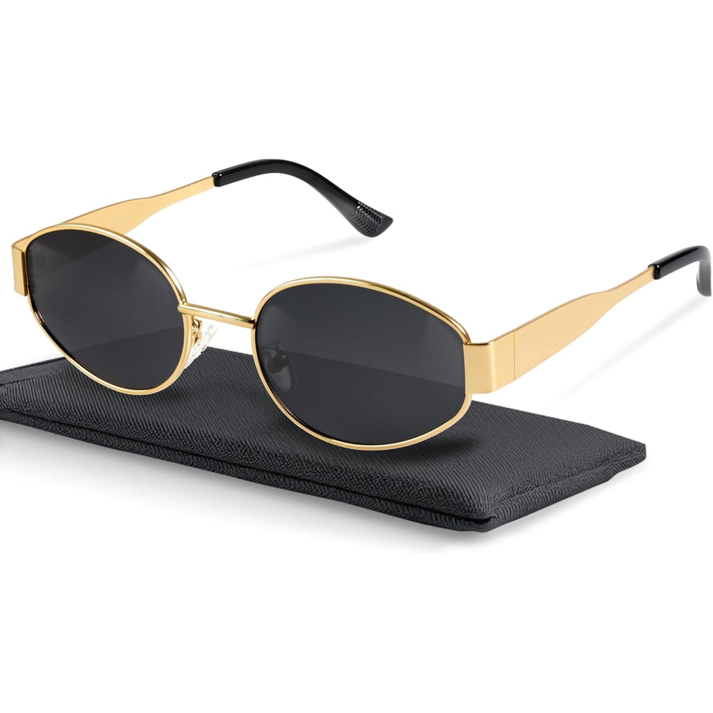 livho Retro Polarized Sunglasses - UV400 Protection, Oval Shape, Metal Frames - Matching Soft Case Inlcuded