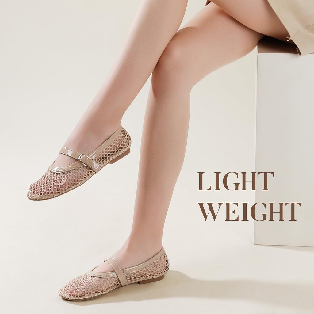 Ankis Mesh Ballet Flats For Women, Black Mesh Flats Buckle Strap Mary Jane Ballerina Flats Women'S Fishnet Flat Sandals Shoes For Dressy Summer