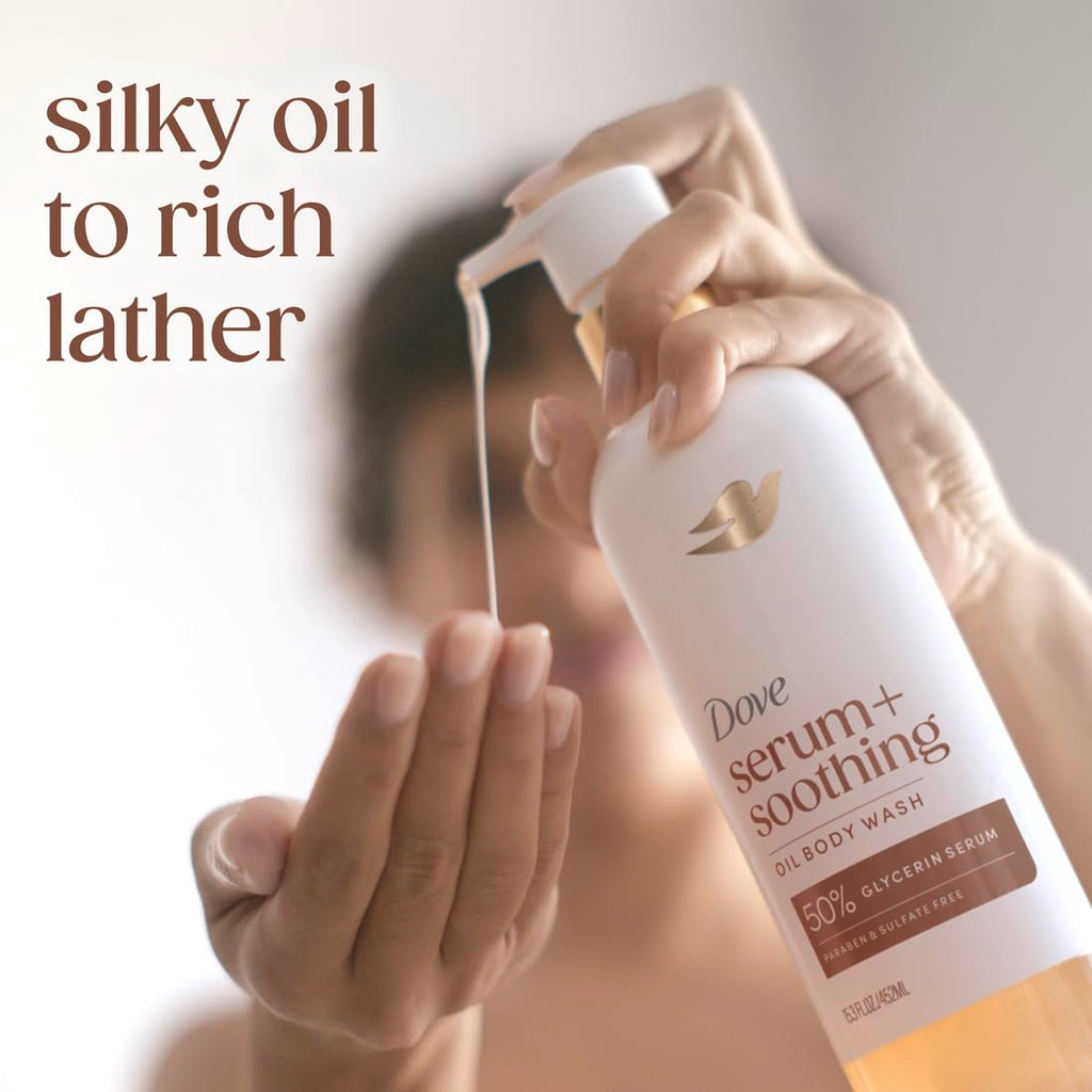 Dove Serum+ Shower Oil Body Wash With Glycerin Serum, Almond Oil & Sandalwood, Soothing Hydrating Cleanser, 15.3 Fl Oz