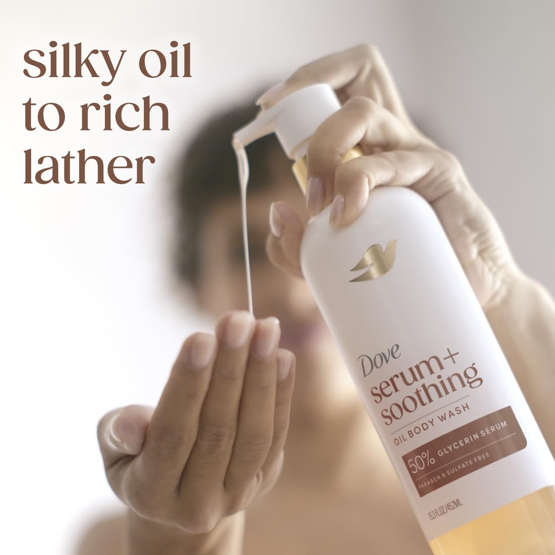 Dove Serum+ Shower Oil Body Wash With Glycerin Serum, Almond Oil & Sandalwood, Soothing Hydrating Cleanser, 15.3 Fl Oz