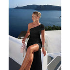 Lagshian Women'S Elegant Formal Long Dress One Shoulder Sleeveless Ruched Bodycon Evening Dress