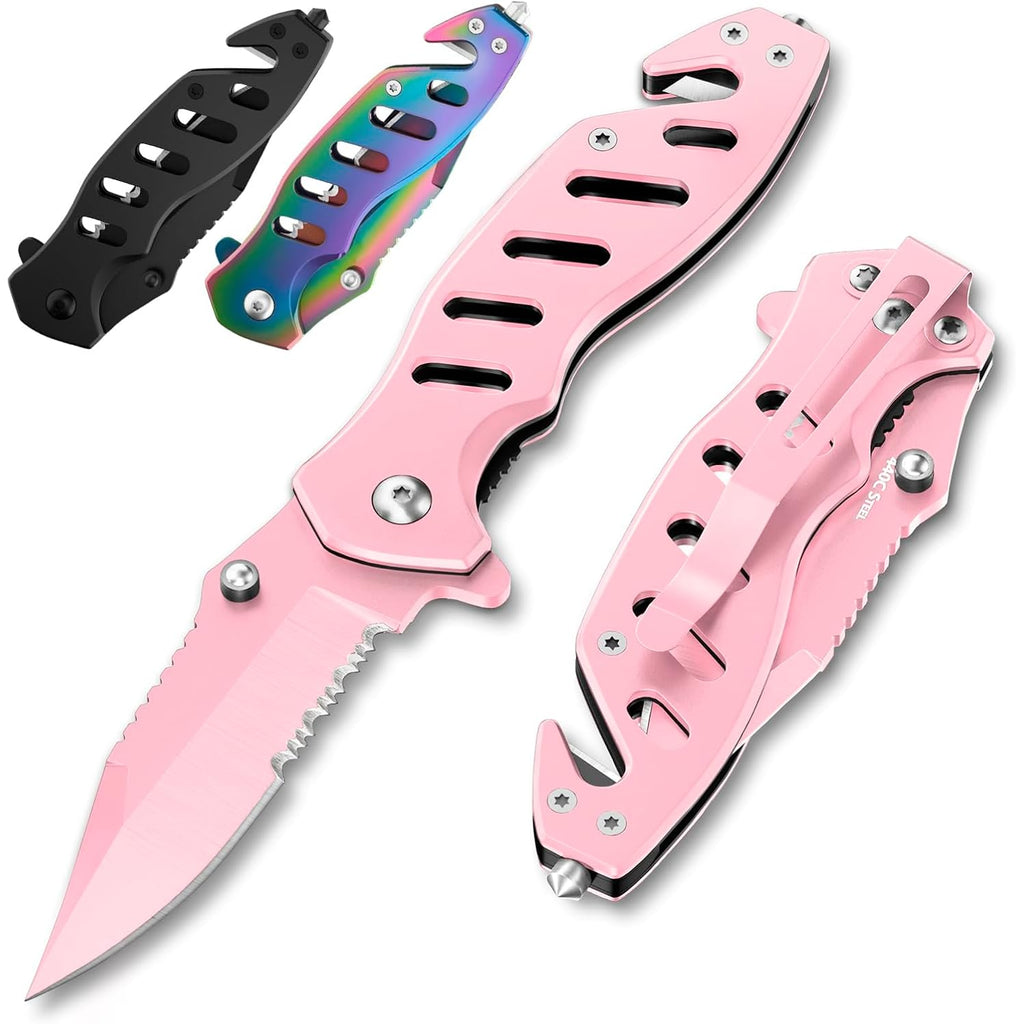 Pink Pocket Knife For Women - Legal Small Knife - 2.68 Inch Serrated Blade - Womens Knife For Self Defense - Cute Girl Survival Tool Pocket, Folding Mincing Knives - Mothers Day Gift Idea - 6655 P