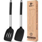 Pack Of 2 Silicone Solid Turner, Non Stick Slotted Kitchen Spatulas, High Heat Resistant Bpa Free Cooking Utensils, Ideal Cookware For Fish, Eggs, Pancakes(Black)