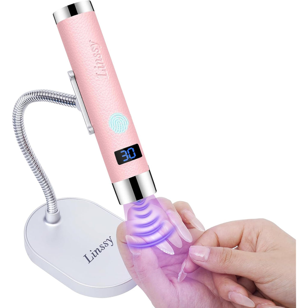 Linssy Mini UV Light for Nails with Auto Sensor & Gooseneck Stand,Portable Cordless Nail Lamp Flash Cure Lamp with LCD Display,Handheld UV Light for Gel Nails at Salon & Home Use (Pink)