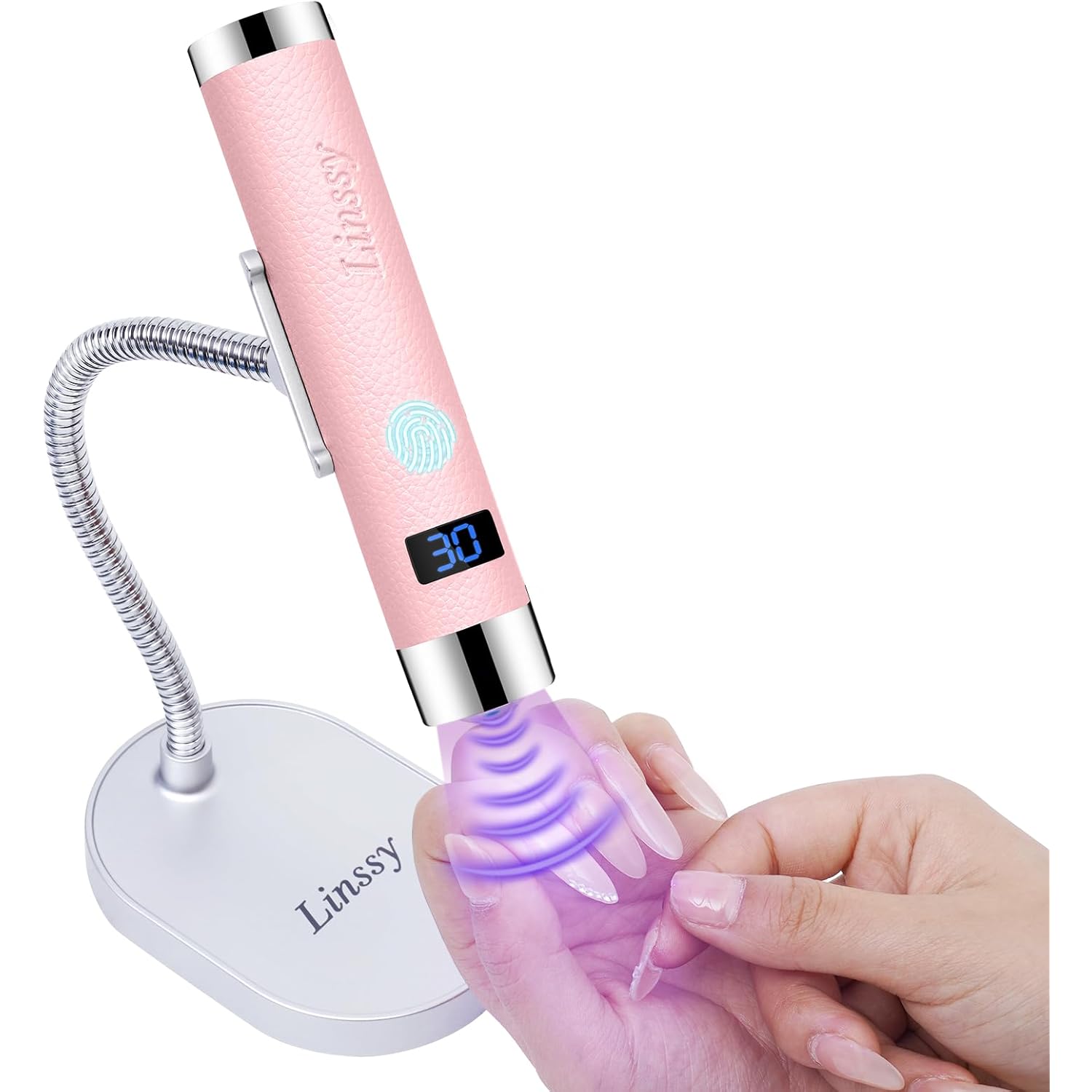 Linssy Mini UV Light for Nails with Auto Sensor & Gooseneck Stand,Portable Cordless Nail Lamp Flash Cure Lamp with LCD Display,Handheld UV Light for Gel Nails at Salon & Home Use (Pink)