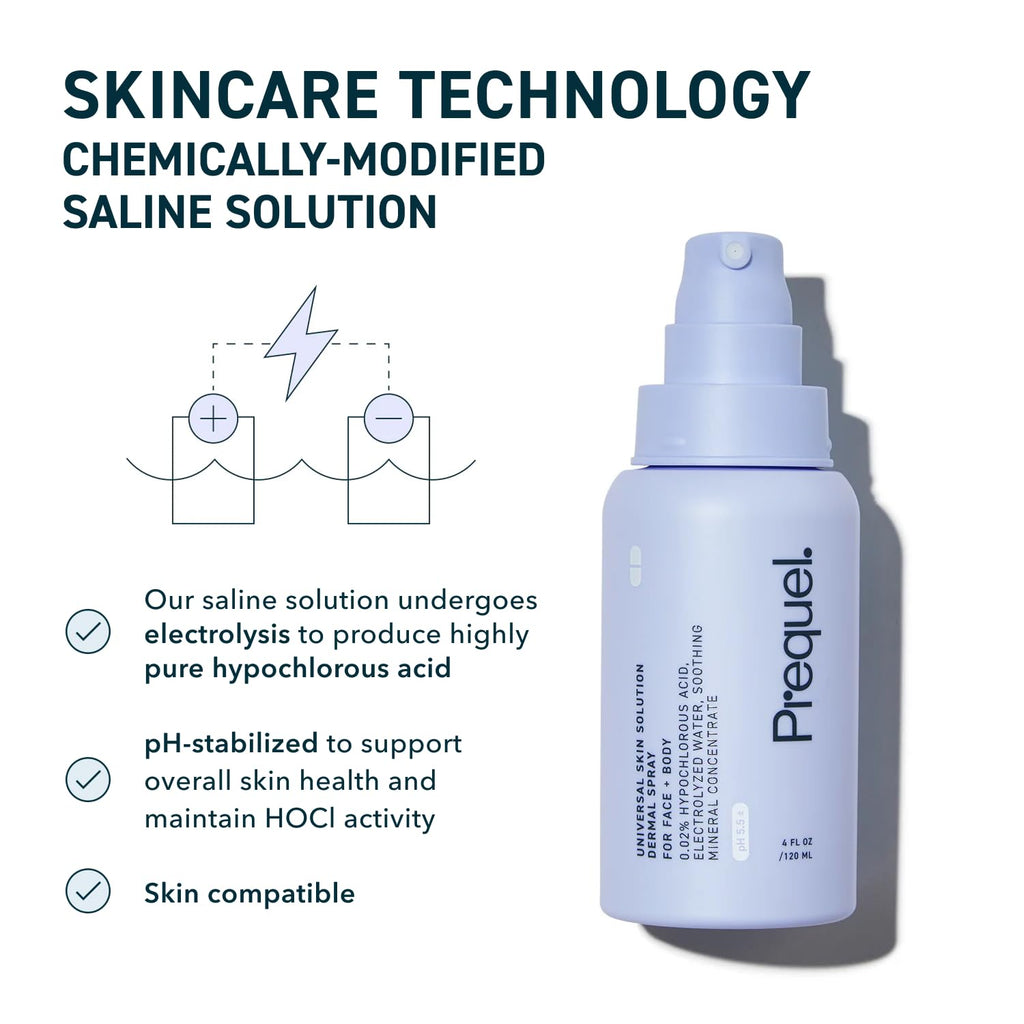 Prequel Skin Universal Skin Solution Hypochlorous Acid Spray For Face And Body. Fine Mist Hocl Facial Cleanser And Dermal Spray With Minerals & Electrolyzed Water - Ph-Stabilized Care. 4Oz