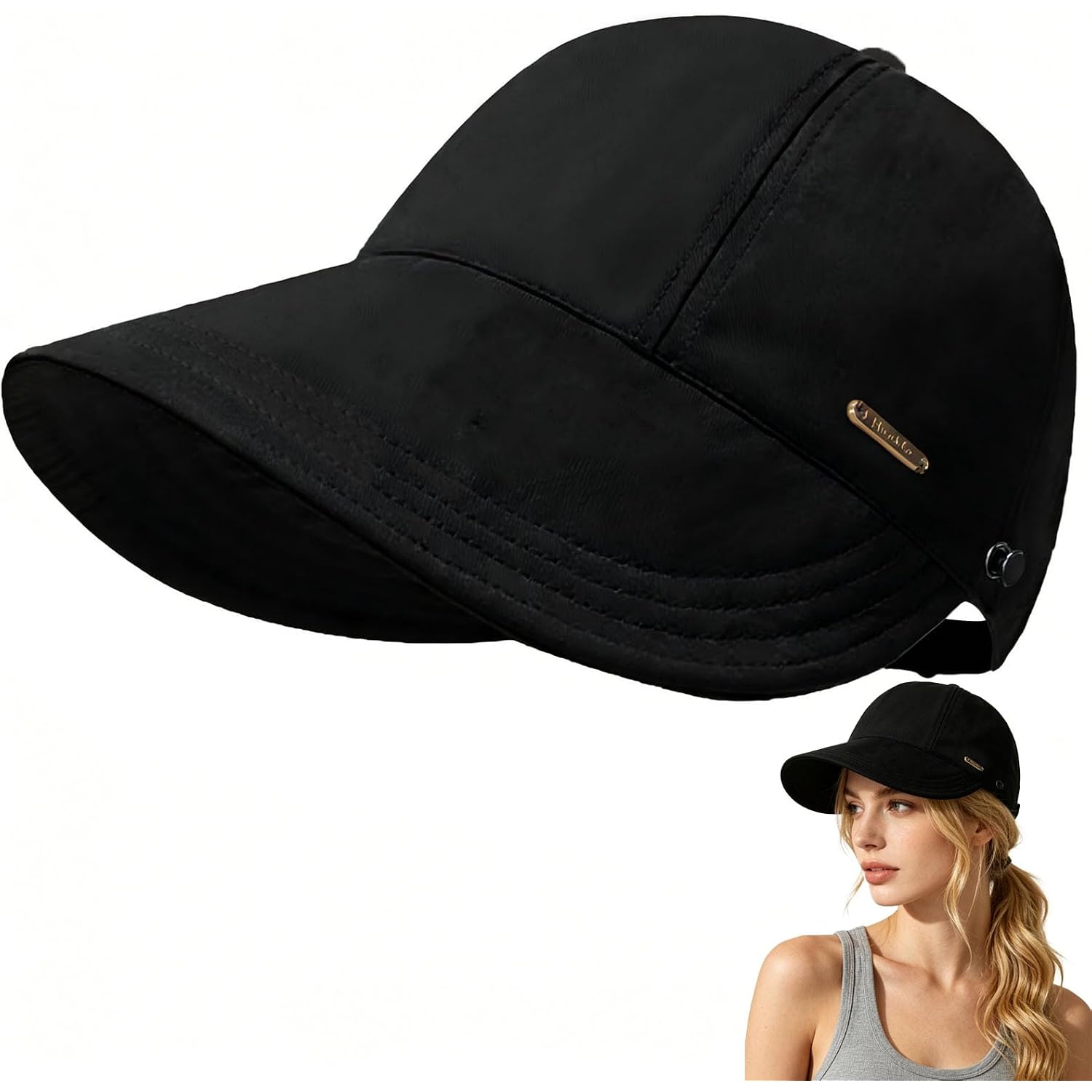 huablo]UPF 50+Womens Sun Hat UV Protection Hiking Fishing Hats Wide Brim Hat Adjustable Ponytail Packable Sun Cap Black