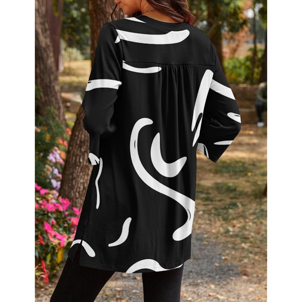 Womens Tunic Tops 3/4 Bell Sleeve Loose Fit Tunics Dressy Casual Side Split Flare Top for Leggings S-3XL