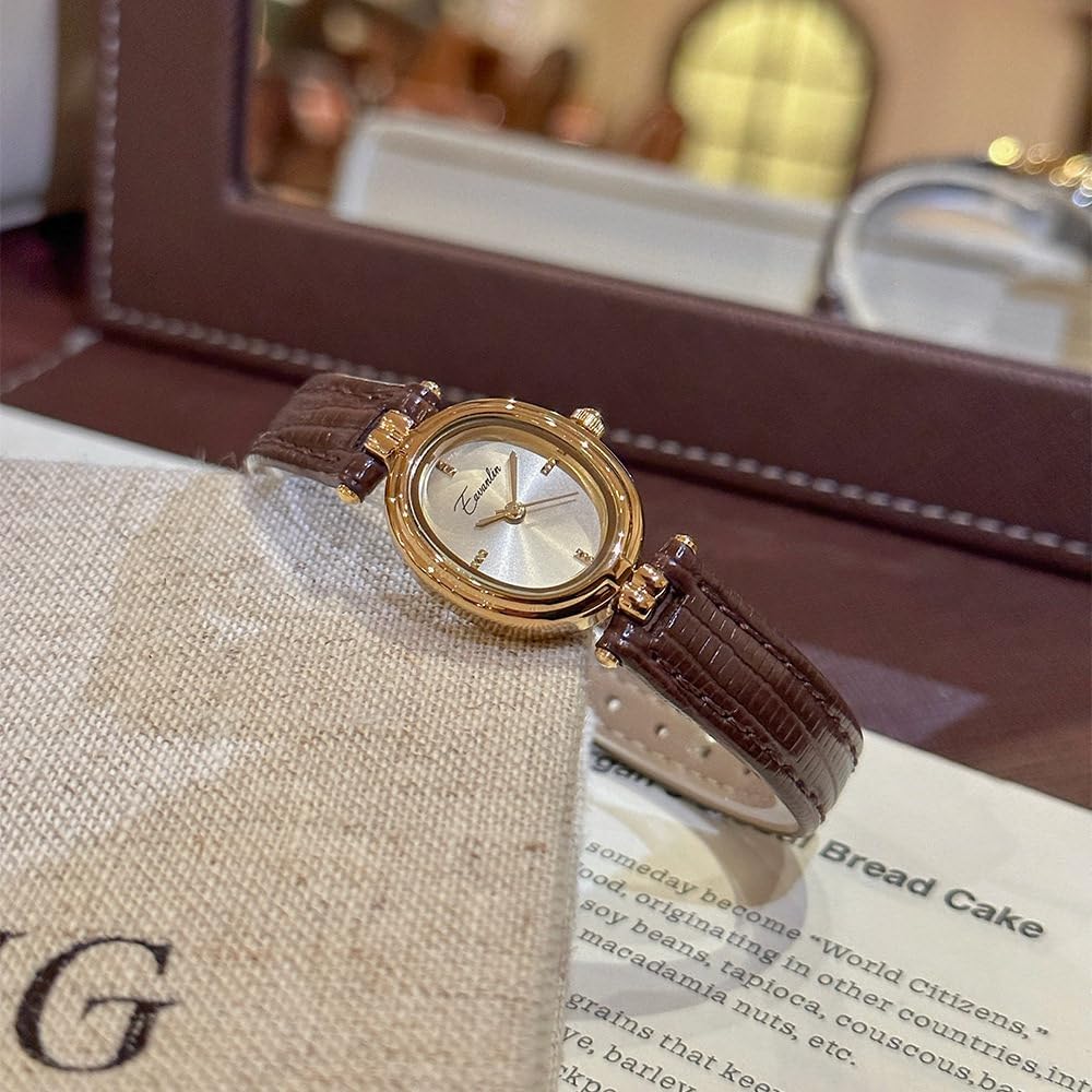 Womens Fashion Small Gold Oval Quartz Watches Vintage Leather Band Waterproof Luxury Casual Ladies Bracelet Wrist Watch Brown Black