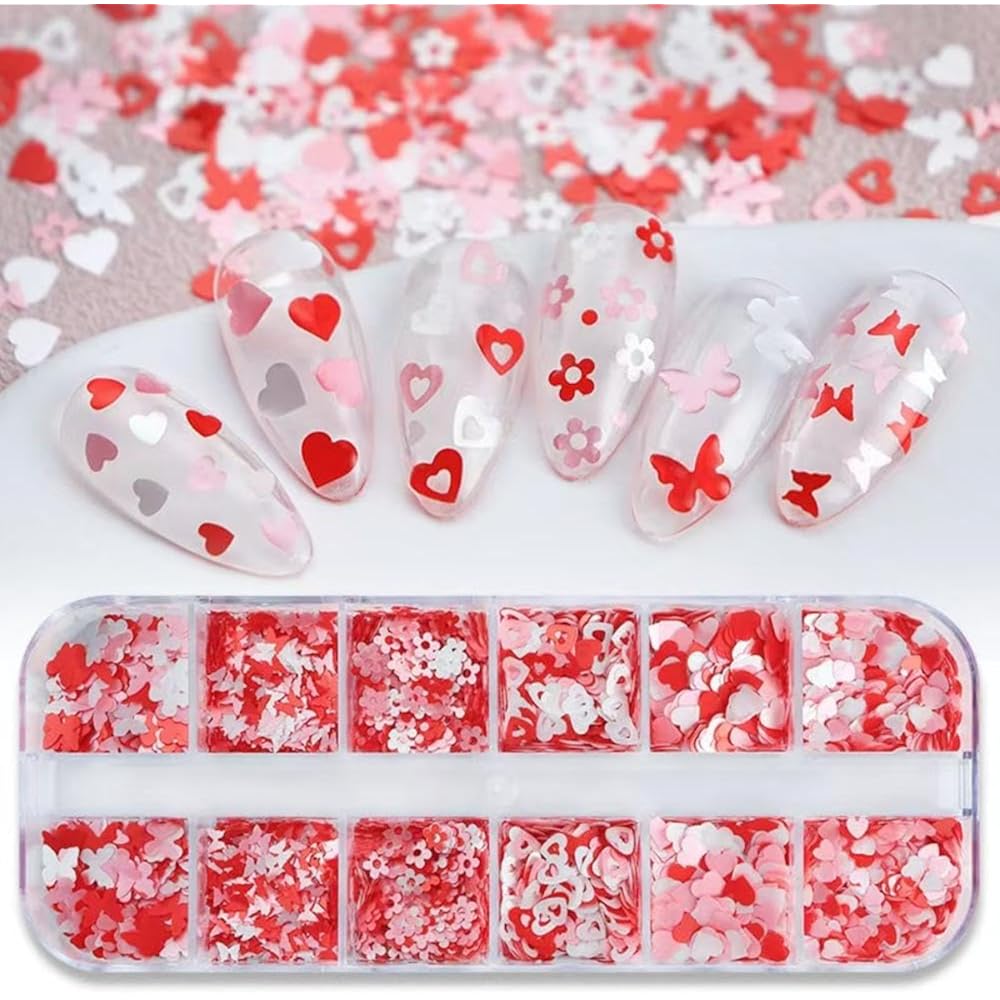 2 Box Pink Nail Art Glitter Valentine's Day Nail Sequins Flakes with Heart Star Design Manicure Fine Glitter Flower Nail Stickers Decals Supplies Nail Charms for Women DIY Nail Art Decorations