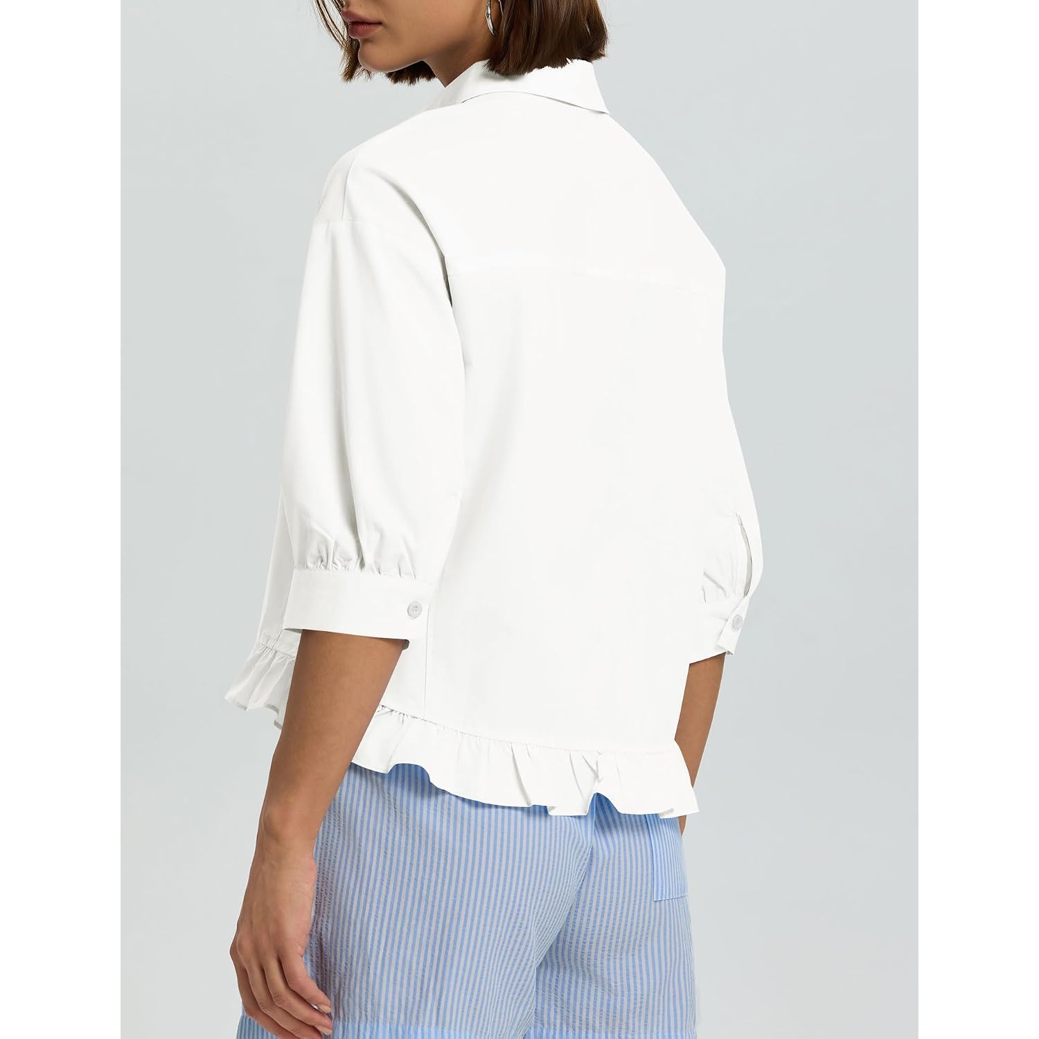 Lomon Womens 3/4 Sleeve Button Down Tops Dressy Casual Collared Shirts Blouses Ruffle Babydoll Tops Loose Fit