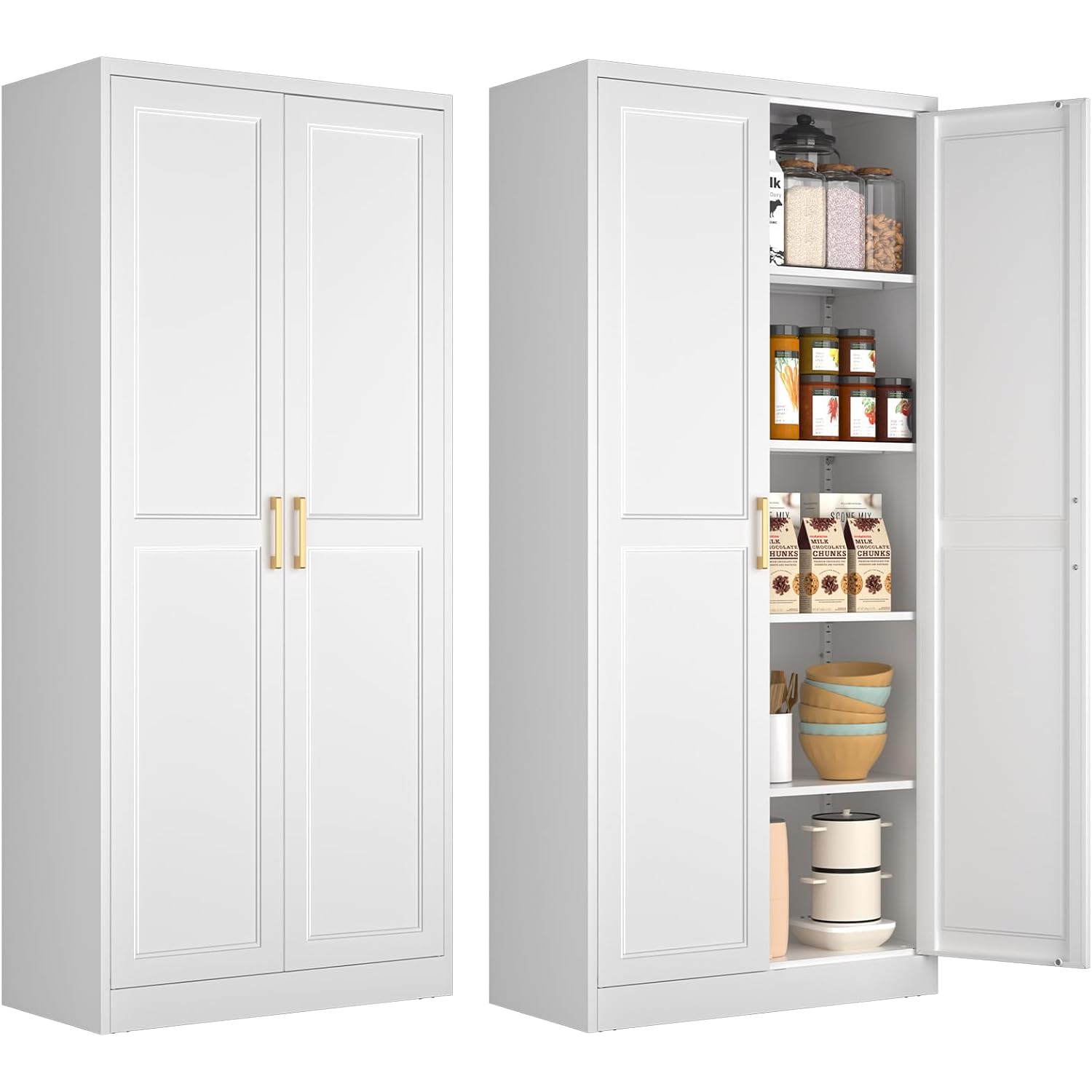 White Kitchen Pantry Cabinet, 71 Inch Tall Metal Storage Cabinet With Doors And Shelves, Pantry Cabinets For Kitchen Storage, Freestanding Cupboard For Living, Dining Room, Assemble Required