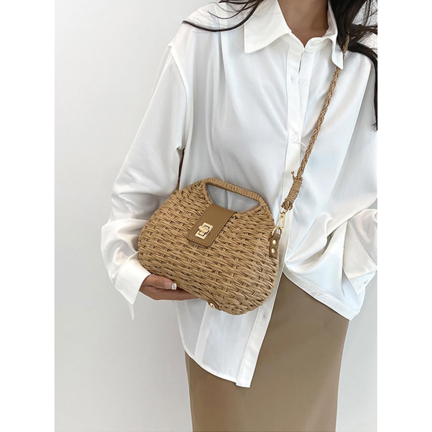 Handmade Straw Woven Bag Beach Clutch Purses Women Vacation Shell Shoulder Crossbody Summer Dumpling Handbag Basket Tote