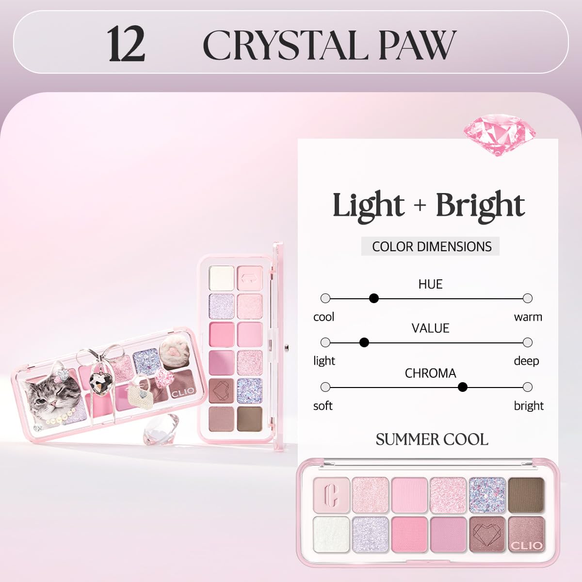 CLIO Pro Eye Palette Air, 12-Color Eye Shadow Palette, Matte Shimmer Mix, Air-Fit Blendable Pigmented Buildable Color, Low Fallout, Cool Light Neutral Tone, Daily Korean Makeup (12 CRYSTAL PAW)