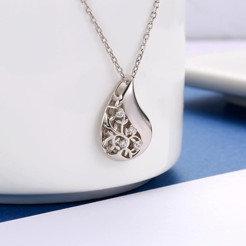925 Sterling Silver Tree of Life Teardrop Urn Necklace for Ashes Family Tree Keepsake Cremation Pendant Memorial Jewelry for Women