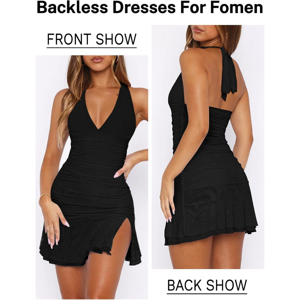 Women Sexy Halter Deep V Neck Ruched Bodycon Dress Summer Side Slit Mesh Hem Cocktail Club Party Short Mini Dresses