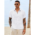 Runcati Mens Button Down Shirts Casual Short Sleeve Shirt Textured Linen Summer Beach Tops With Pocket