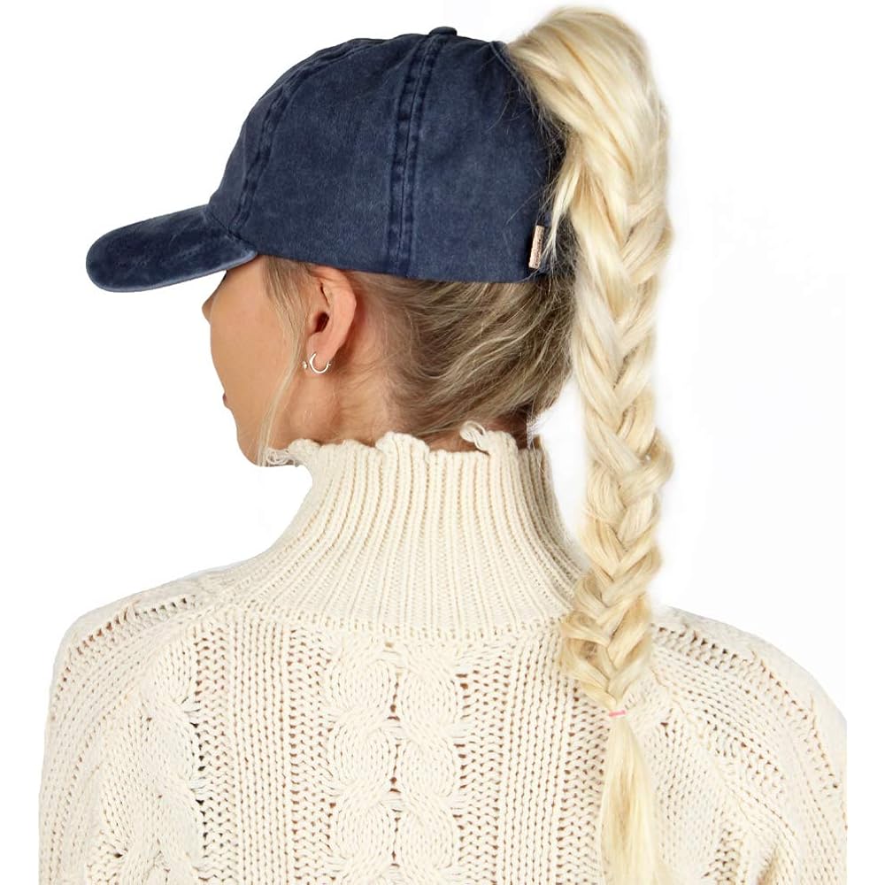 D&Y Vintage Wash Ponytail Hat, Patented Women’s Cotton Ponytail Baseball Cap with Open Back for Ponytails and Buns Jessie Navy