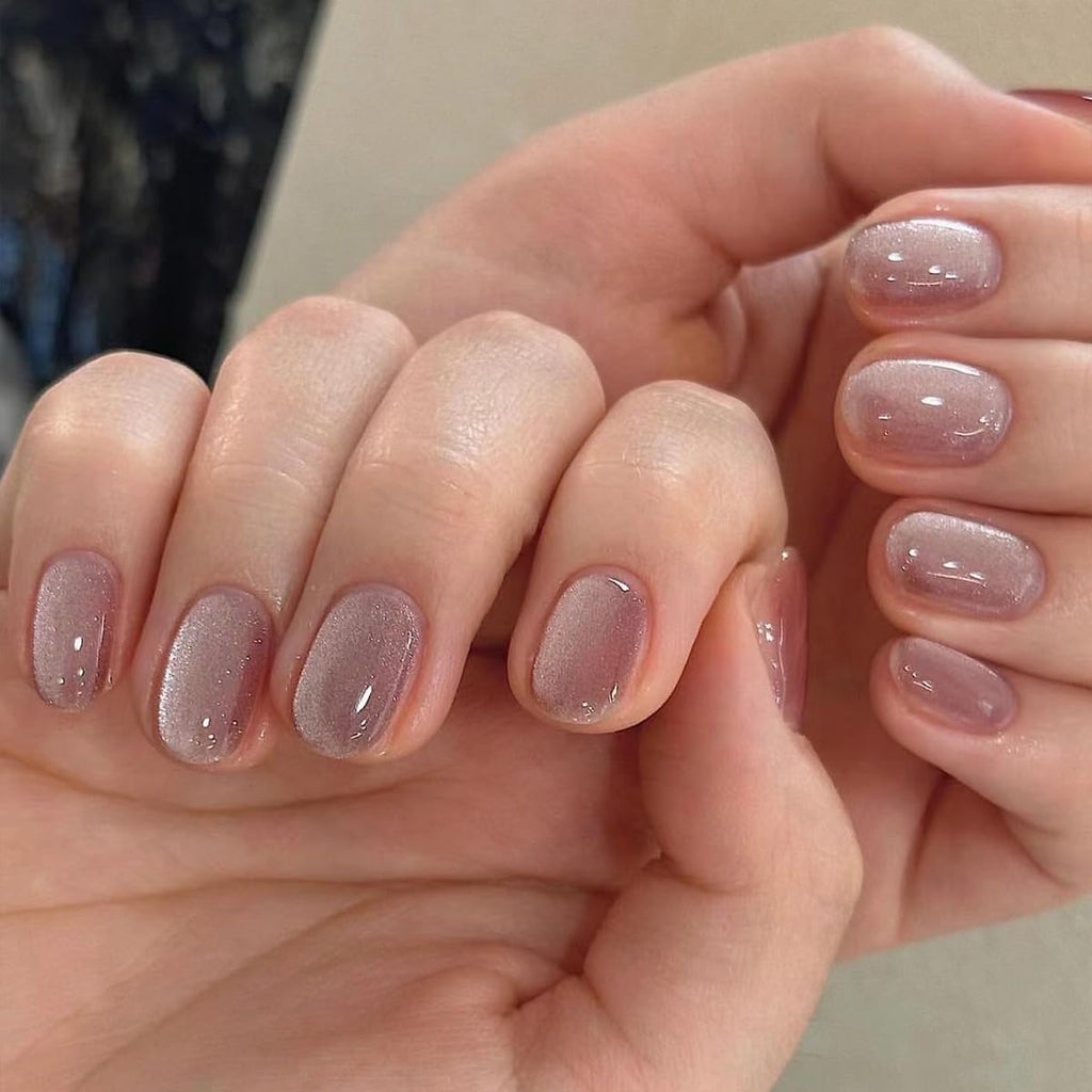 Short Press on Pink Acrylic Glossy Squoval Fake Nails With Designs - Nude False Glitter Glue-On Finish Stick-On Nails for Women Girls - Nail Decoration 24Pcs