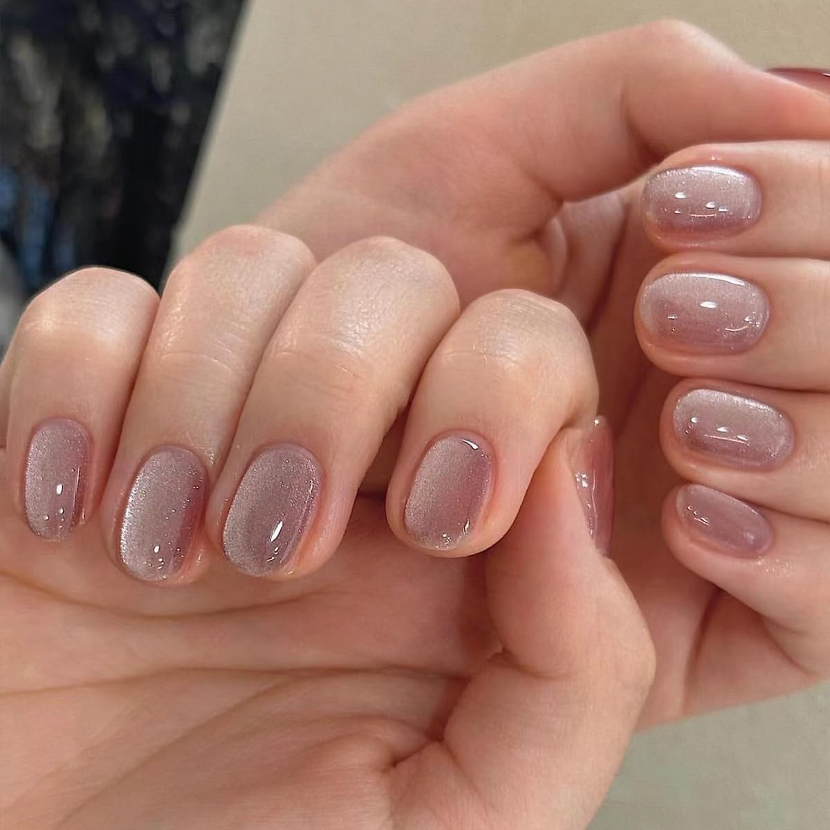 Short Press on Pink Acrylic Glossy Squoval Fake Nails With Designs - Nude False Glitter Glue-On Finish Stick-On Nails for Women Girls - Nail Decoration 24Pcs