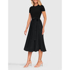 Zesica Women'S 2026 Summer Short Sleeve Midi Dresses Crewneck Knit Belted Pleated A Line Flowy Wedding Guest Long Dress