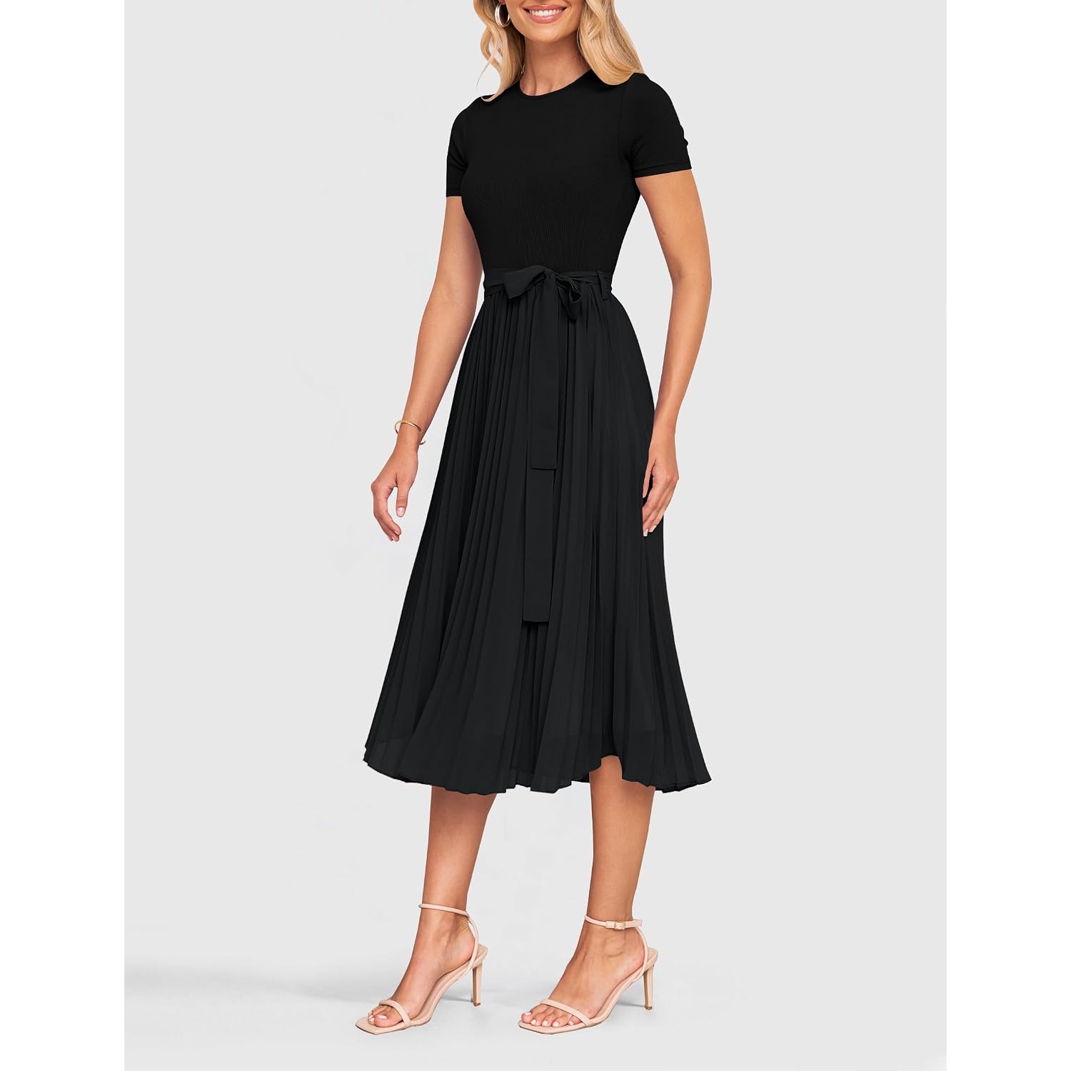 Zesica Women'S 2026 Summer Short Sleeve Midi Dresses Crewneck Knit Belted Pleated A Line Flowy Wedding Guest Long Dress