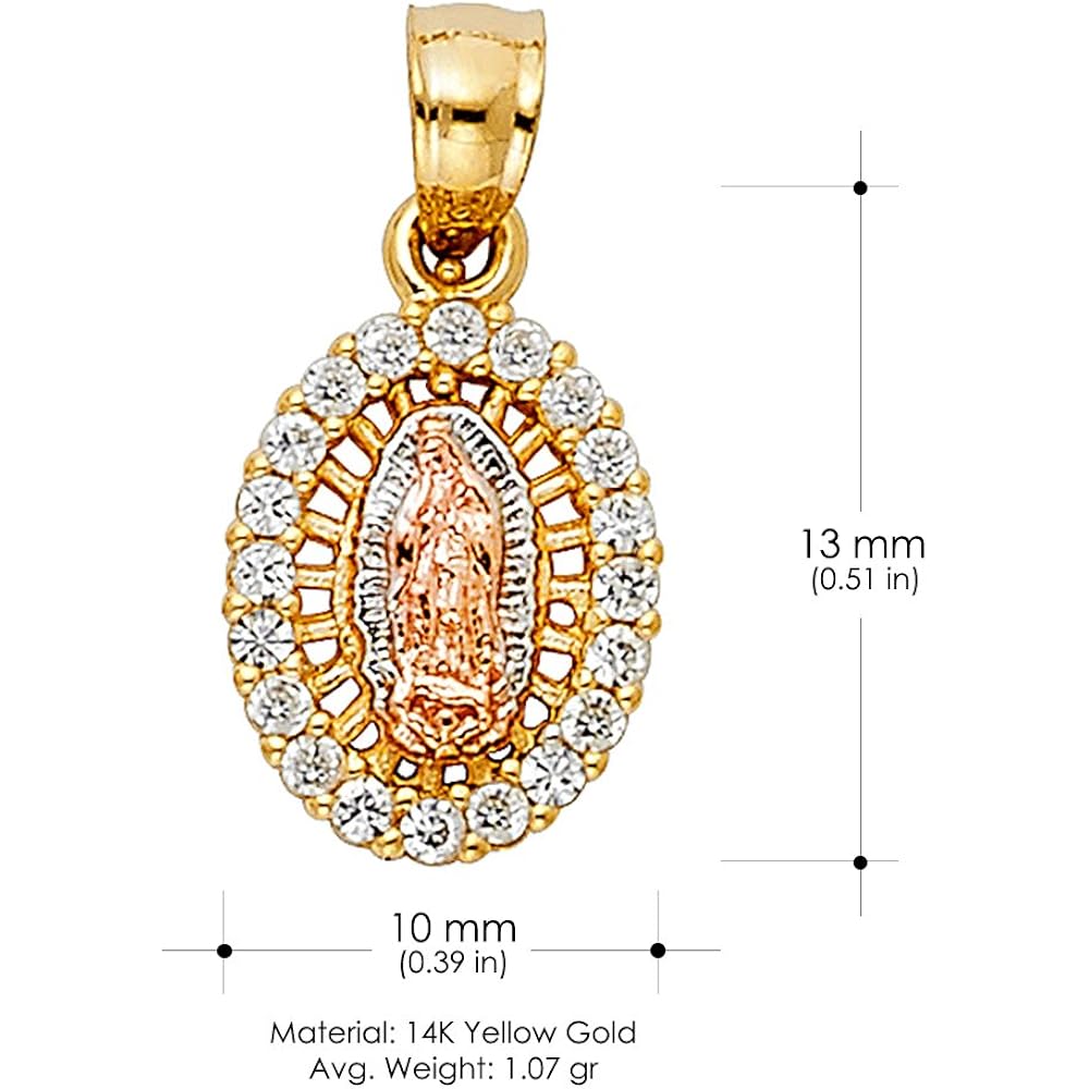 14K Yellow Gold Our Lady of Guadalupe Cubic Zirconia CZ Charm Pendant with 1.5mm Valentino Chain Necklace