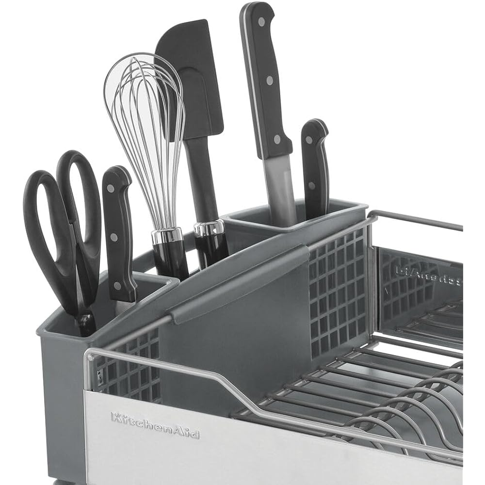 KitchenAid Large Capacity Full Size Rust Resistant Dish Rack with Angled Drain Board and Removable Flatware Caddy, Light Grey