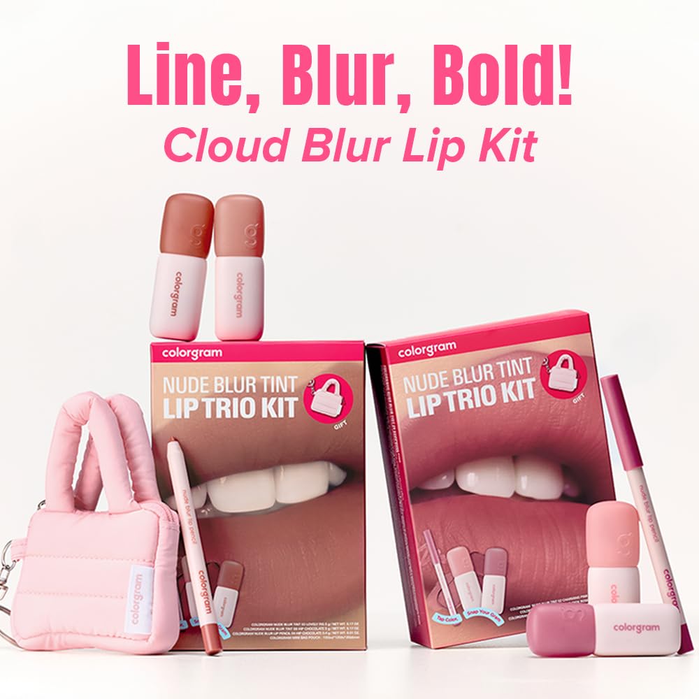 COLORGRAM NUDE BLUR TINT LIP TRIO KIT 01 COOL KIT | K-Beauty Makeup | Soft Matte Lip Stain | Powdery Finish | 2-in-1 Lip & Cheek | Lightweight & Buildable