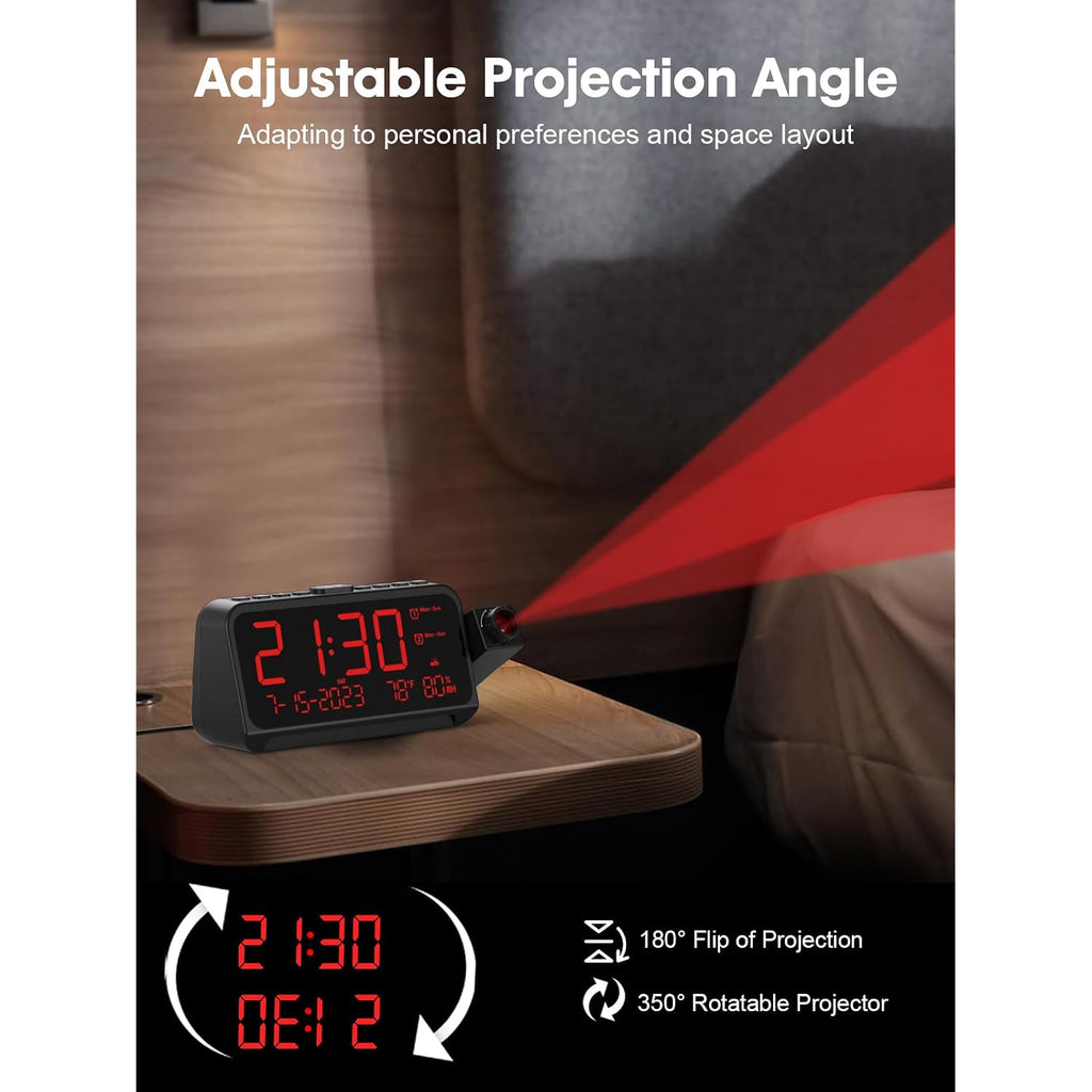 Projection Alarm Clock With 180° Ceiling Projector & Digital Display | 5-Level Dimmer, Dual Alarms, Night Light, Temp & Humidity Display, Weekday/Weekend Mode, Dst, Snooze Function For Bedroom