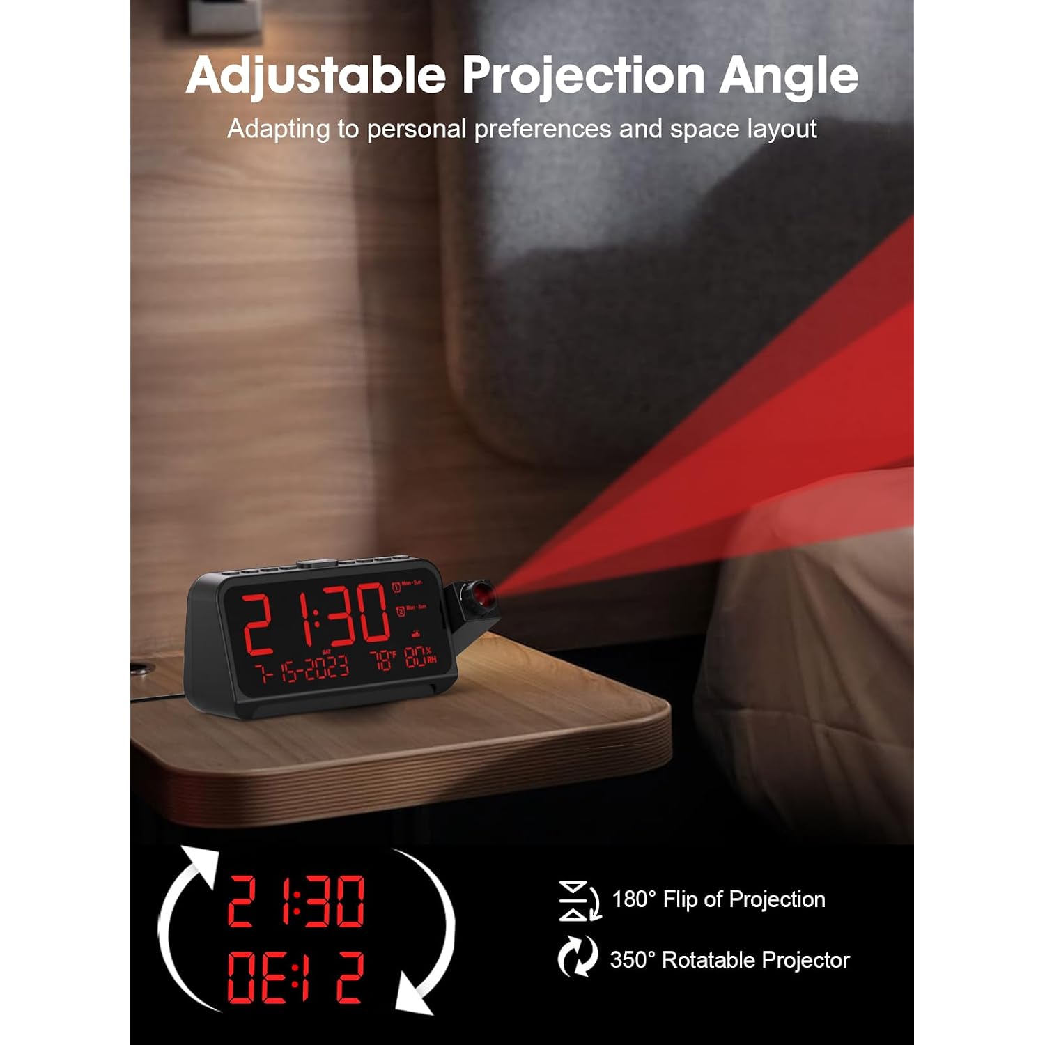 Projection Alarm Clock With 180° Ceiling Projector & Digital Display | 5-Level Dimmer, Dual Alarms, Night Light, Temp & Humidity Display, Weekday/Weekend Mode, Dst, Snooze Function For Bedroom