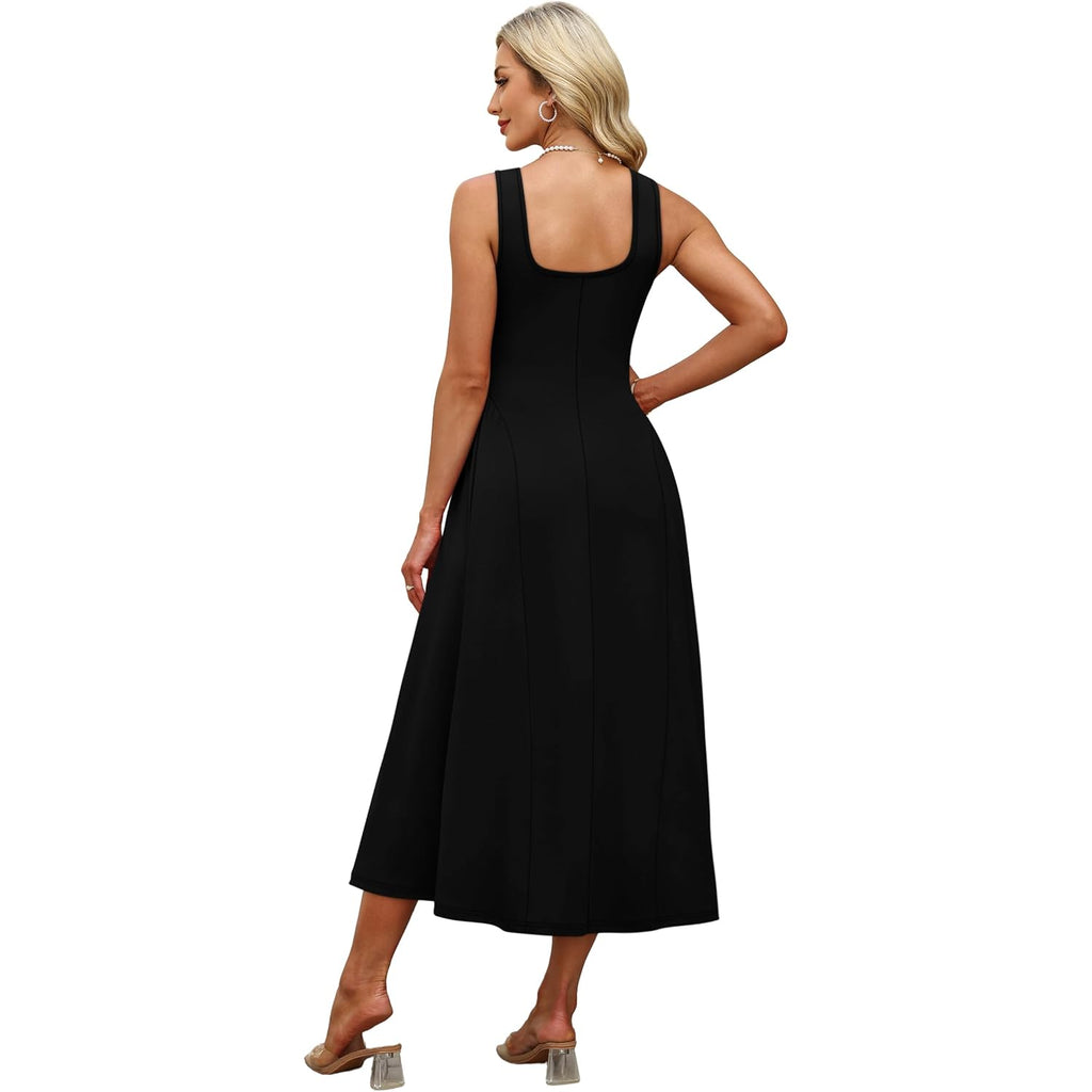 Ofeefan Summer Dresses For Women Square Neck Corset A Line Maxi Dress Ruffle Ruched Waist Flowy Outfits
