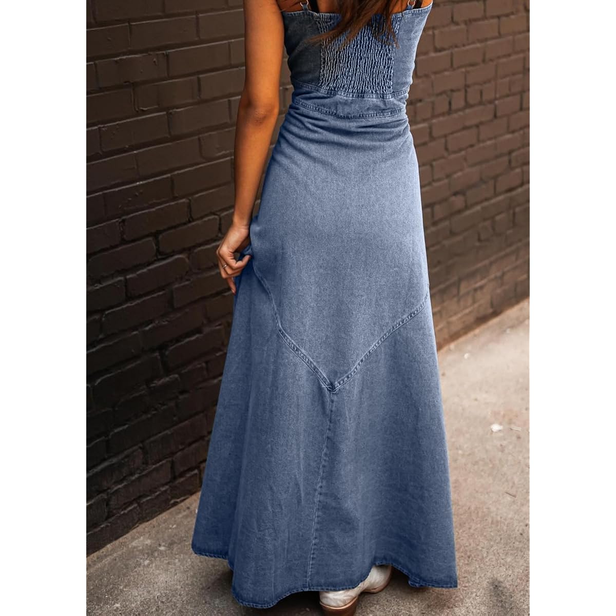 Chouyatou Women'S Spaghetti Strap Smocked Back Denim Dress Button Down A-Line Swing Flowy Maxi Jean Dress