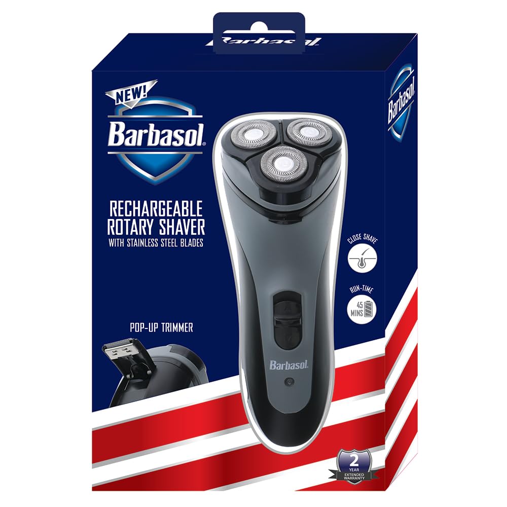 Barbasol Rotary Shaver, Rechargeable Electric Rotary Shaver with Stainless Steel Blades, Pop-Up Trimmer, Wireless Cordless Electric Razor, Close Shave, Full 8 Hour Charge Provides 45 Minute Run-Time