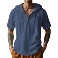Men'S Cotton Linen Shirts Short Sleeve Casual Button Down Hoodies Summer Hawaiian Beach Top With Drawstring
