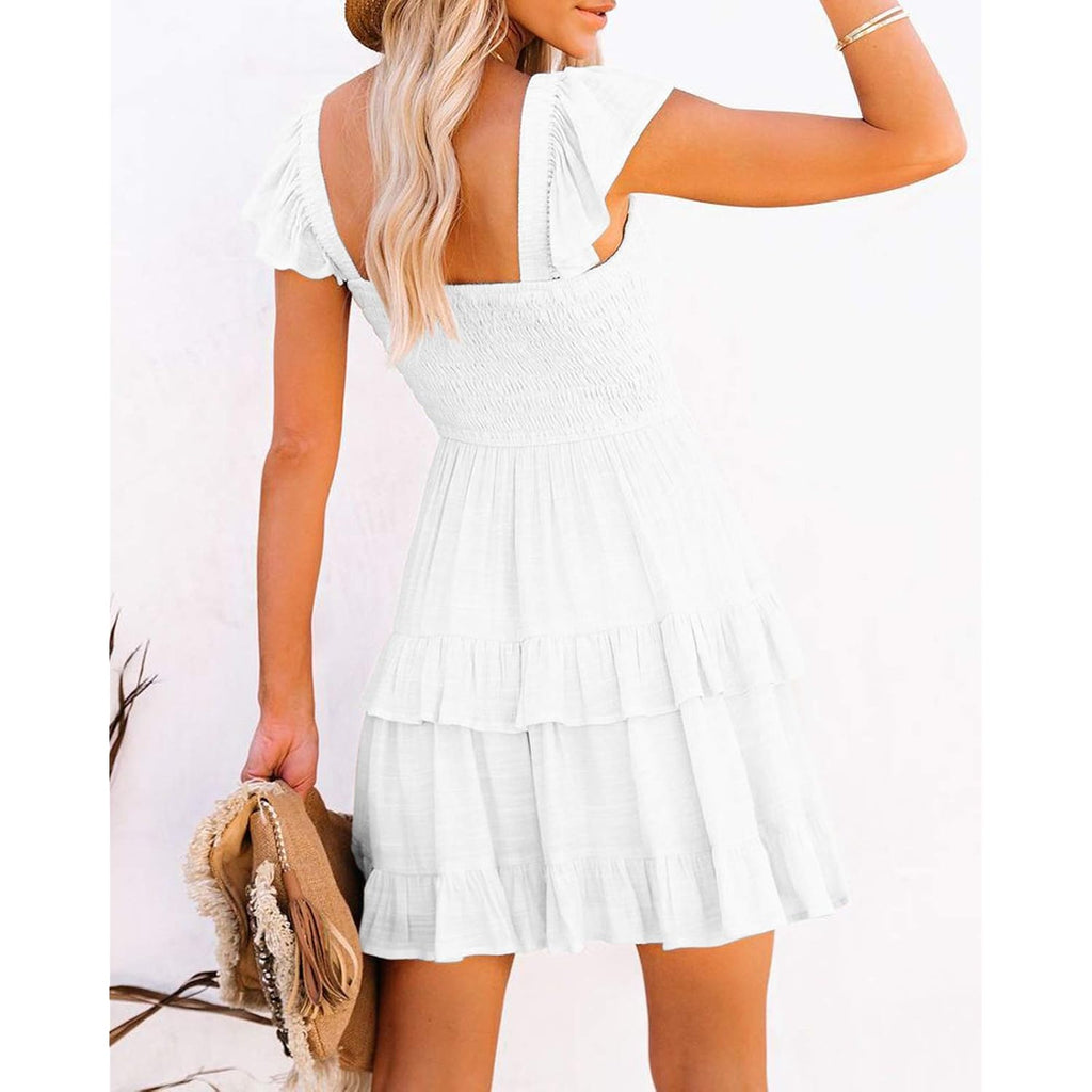 Women Summer Dresses Casual Boho Smocked Ruffle Sun Beach Babydoll Mini Dress Layered Flowy Swing Dress