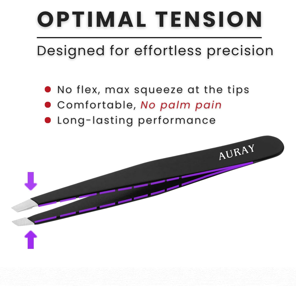Eyebrow Tweezers Stainless Steel Facial Hair Removal Tweezers for Men & Women in Black with Slanted Tip for Easy Plucking by AURAY