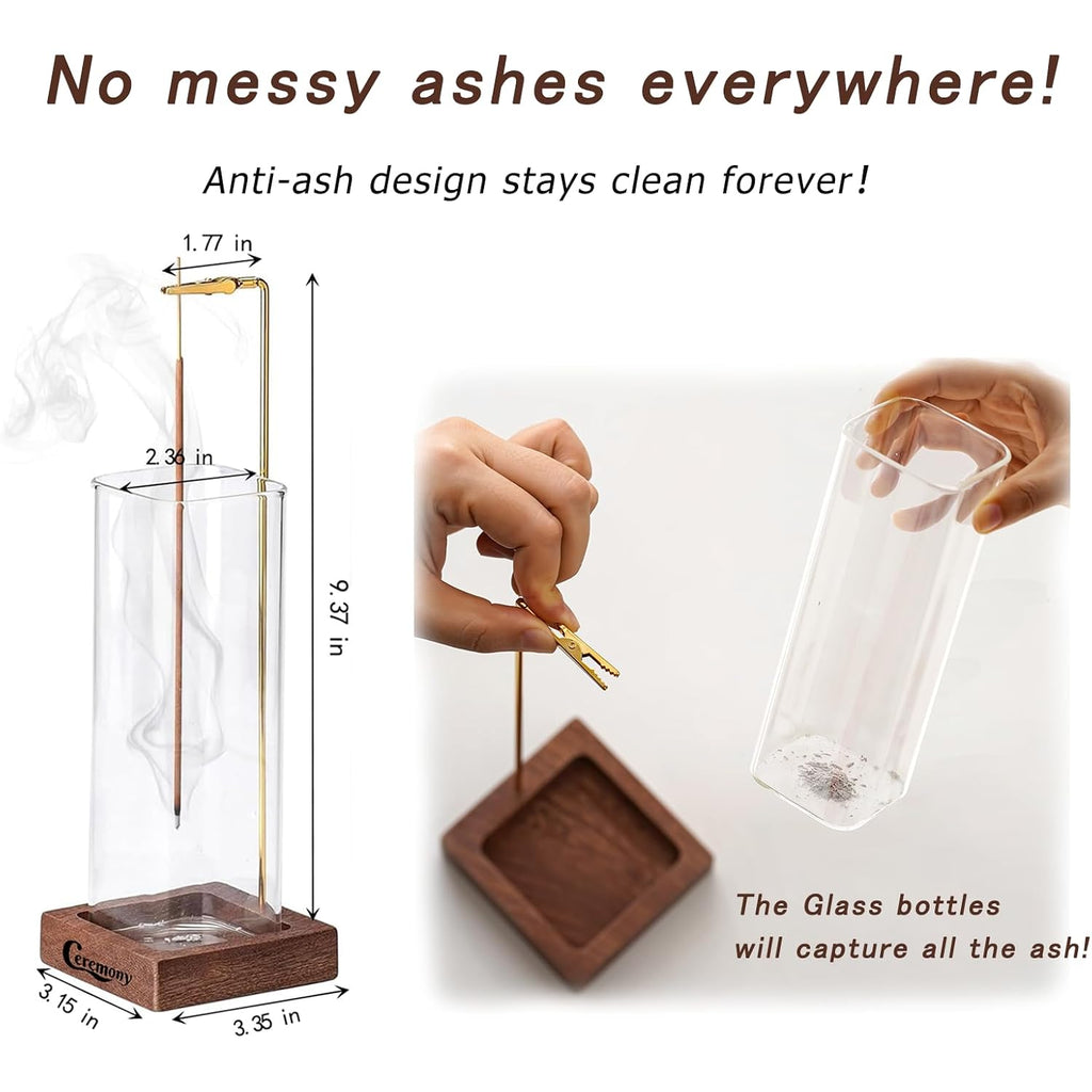 Ceremony Incense Holder, Wooden Incense Holder For Sticks With Glass Ash Catcher, Anti-Ash Incense Burner With 20 Incense Sticks And A Ash Brush For Meditation Yoga Spa Room Decor
