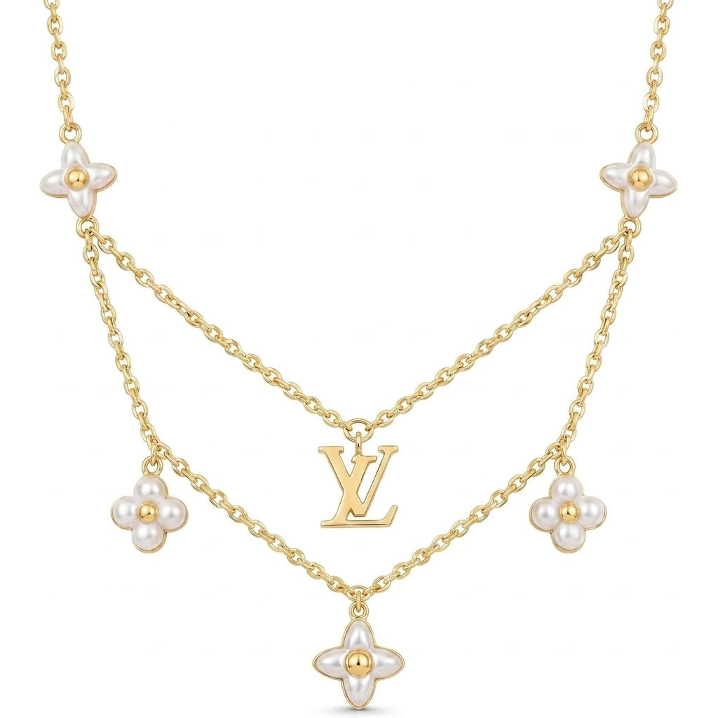 18K Gold Plated Necklace - Pearl Necklace with Luxurious Letter Design and Flower Pearl Dimensional Pendant - Layered Necklaces for Women