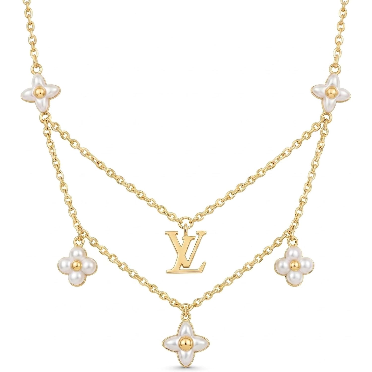 18K Gold Plated Necklace - Pearl Necklace with Luxurious Letter Design and Flower Pearl Dimensional Pendant - Layered Necklaces for Women