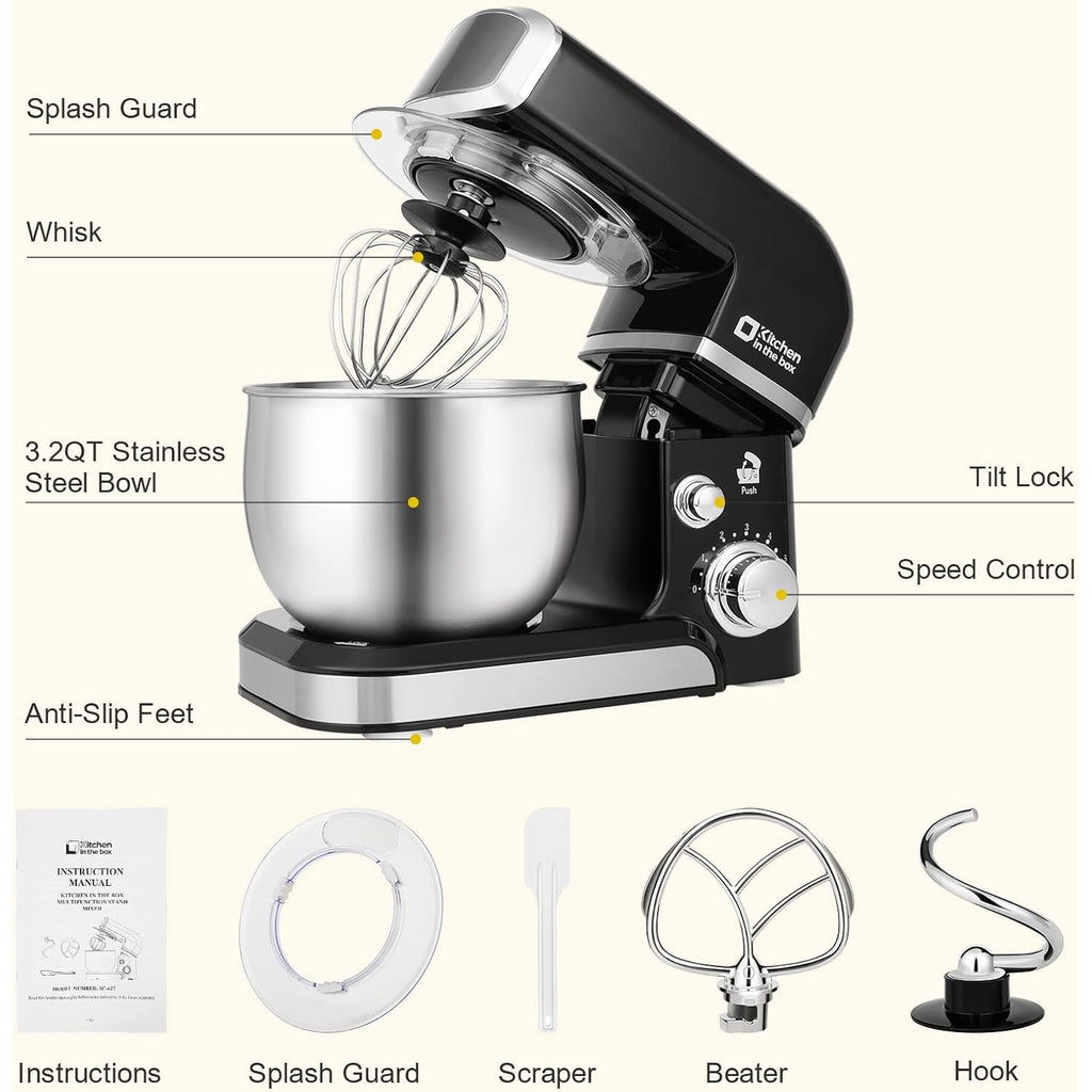 Kitchen in the box Stand Mixer,3.2Qt Small Electric Food Mixer,6 Speeds Portable Lightweight Kitchen Mixer for Daily Use with Egg Whisk,Dough Hook,Flat Beater (Black)