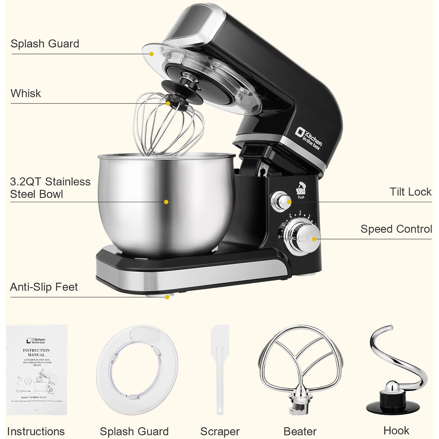 Kitchen in the box Stand Mixer,3.2Qt Small Electric Food Mixer,6 Speeds Portable Lightweight Kitchen Mixer for Daily Use with Egg Whisk,Dough Hook,Flat Beater (Black)