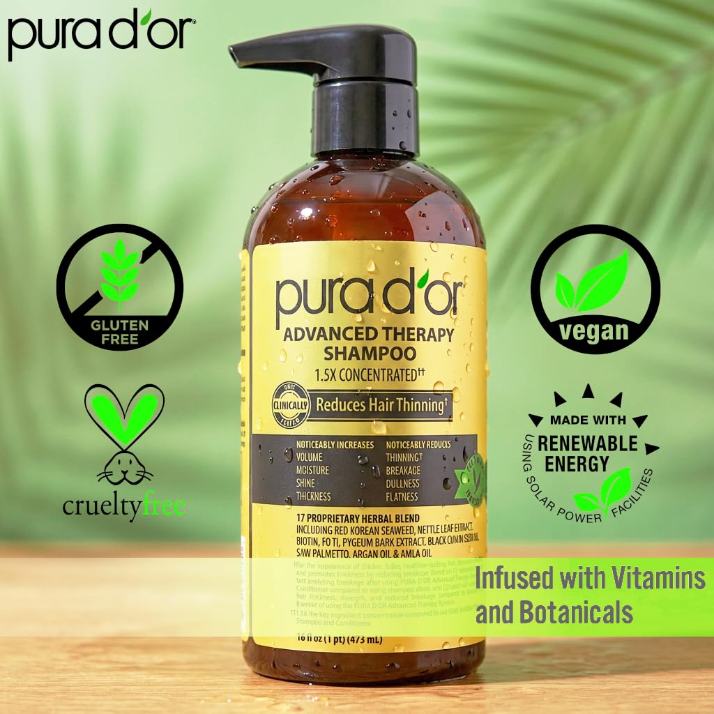 PURA D'OR 16 Oz Advanced Therapy Shampoo Reduces Hair Thinning & Increases Volume, No Sulfate, Biotin Shampoo Infused with Argan Oil, Aloe Vera for All Hair Types, Men & Women